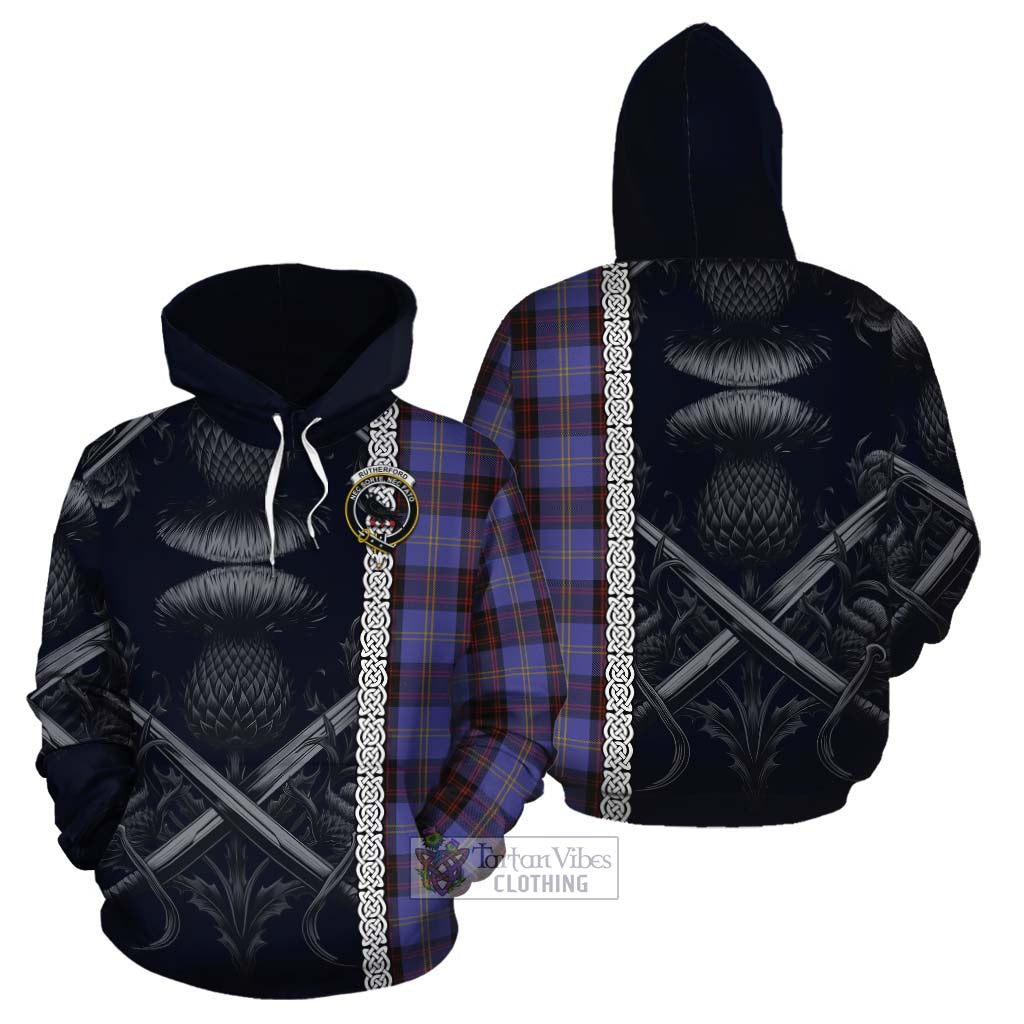 Tartan Vibes Clothing Rutherford Tartan Cotton Hoodie with Family Crest Cross Sword Thistle Celtic Vibes