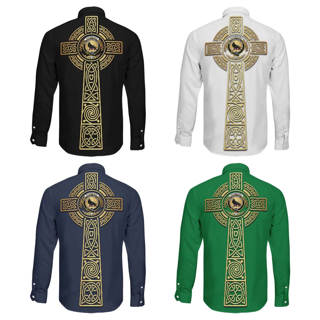 Rutherford Clan Mens Long Sleeve Button Up Shirt with Golden Celtic Tree Of Life - Tartanvibesclothing