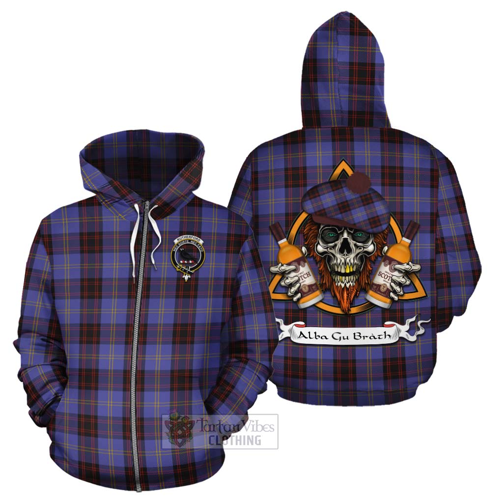 Tartan Vibes Clothing Rutherford Tartan Cotton Hoodie with Family Crest and Bearded Skull Holding Bottles of Whiskey