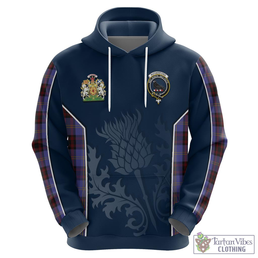 Tartan Vibes Clothing Rutherford Tartan Hoodie with Family Crest and Scottish Thistle Vibes Sport Style