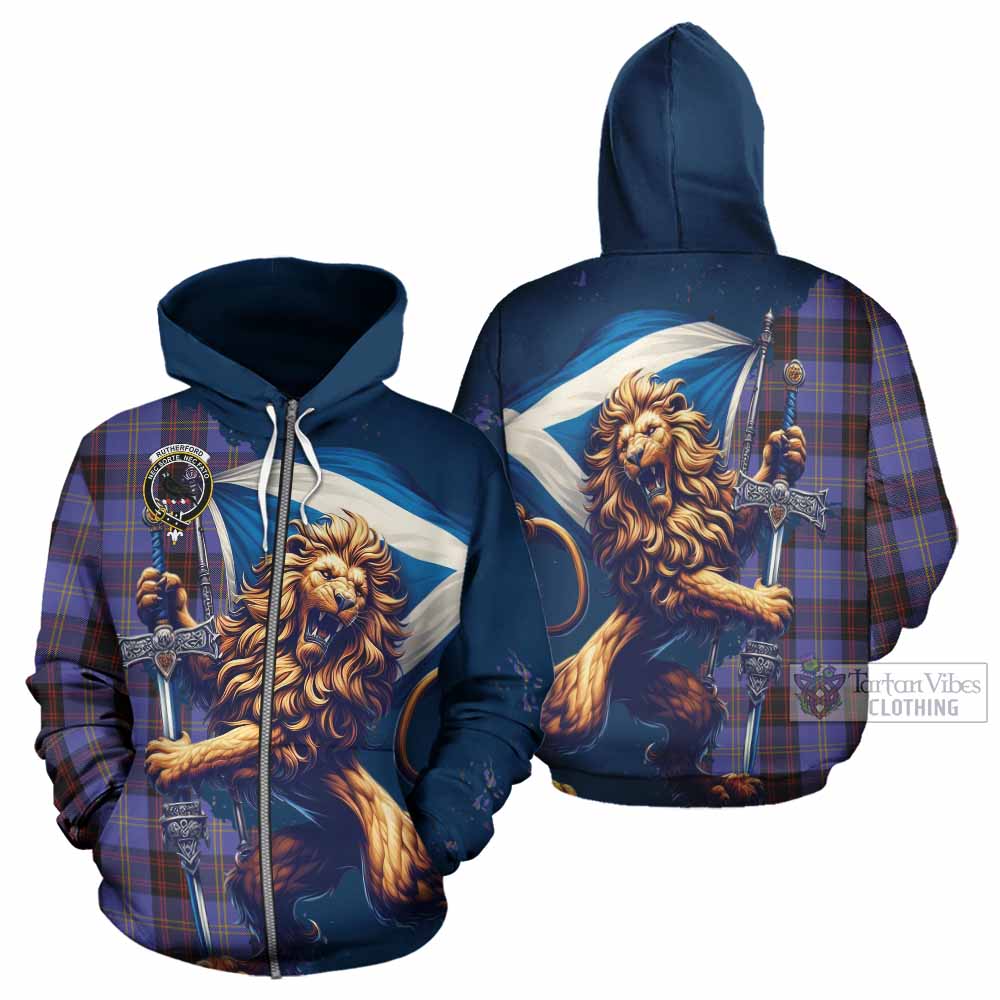 Rutherford Tartan Family Crest Hoodie with Scottish Majestic Lion