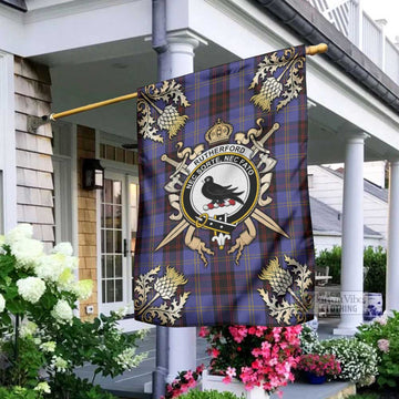 Rutherford Tartan Garden Flag with Family Crest and Golden Thistle Crossed Sword Design - Tartan Vibes Clothing