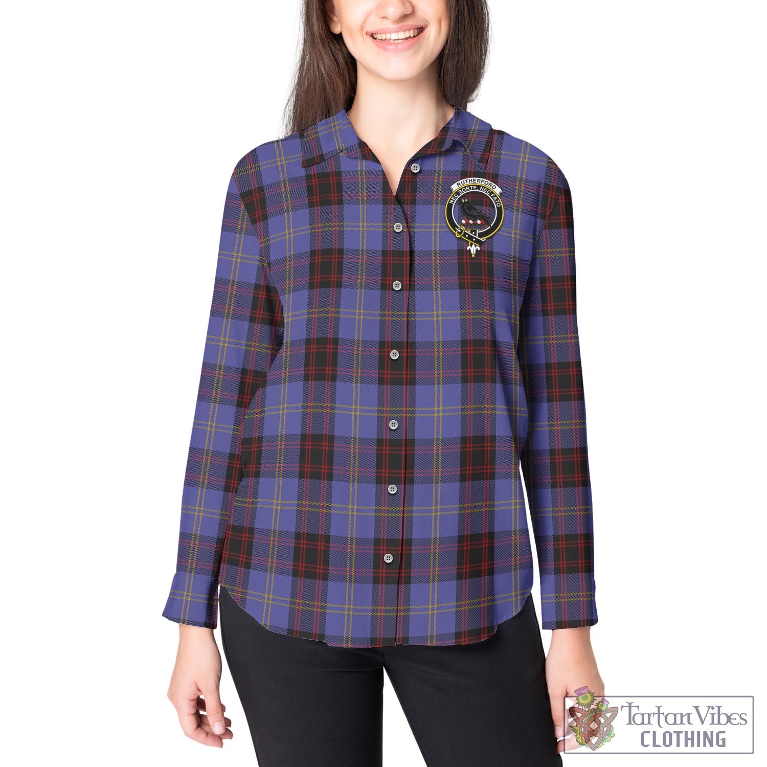 Tartan Vibes Clothing Rutherford Tartan Womens Casual Shirt with Family Crest