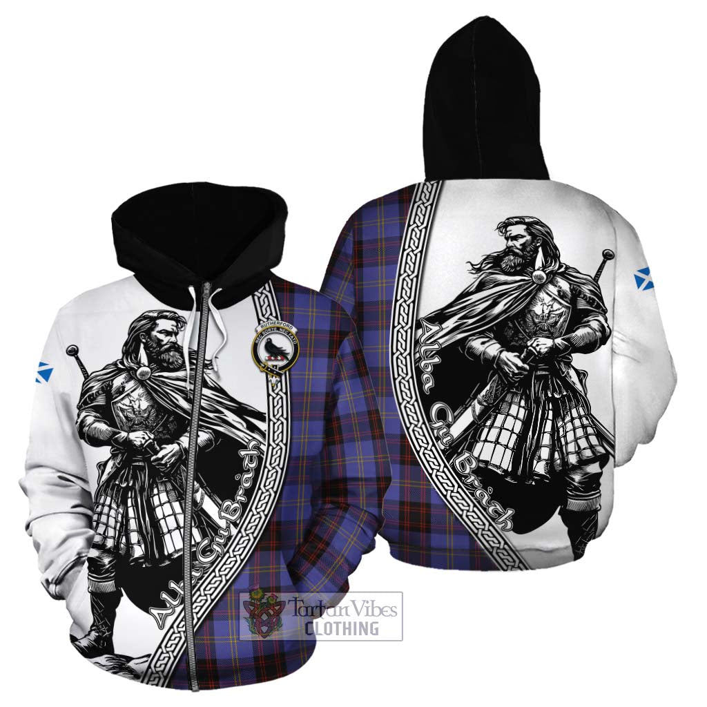 Tartan Vibes Clothing Rutherford Tartan Clan Crest Cotton Hoodie with Highlander Warrior Celtic Style