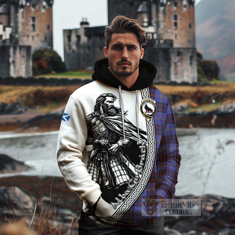 Tartan Vibes Clothing Rutherford Tartan Clan Crest Cotton Hoodie with Highlander Warrior Celtic Style