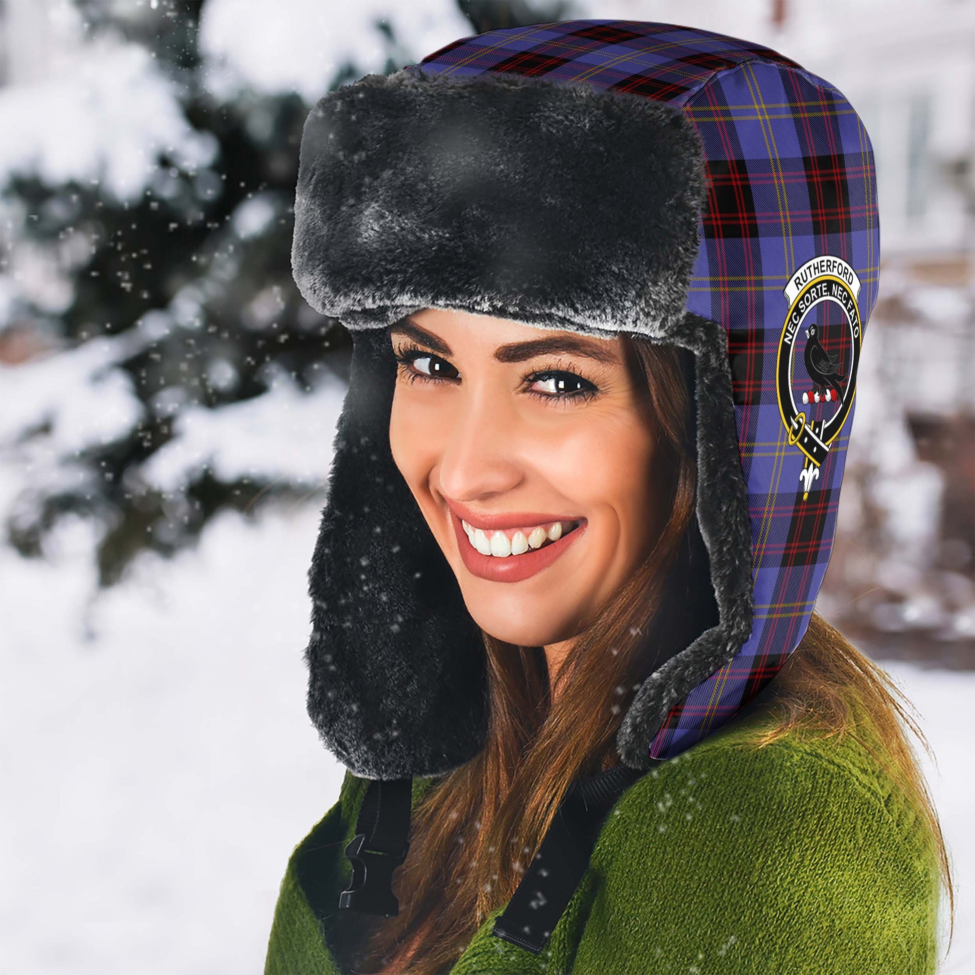 Rutherford Tartan Winter Trapper Hat with Family Crest - Tartanvibesclothing