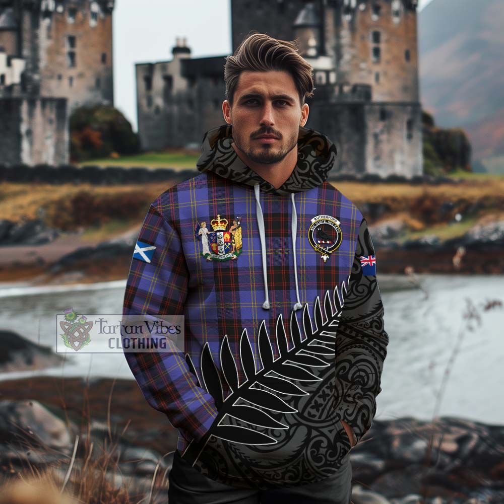 Tartan Vibes Clothing Rutherford Crest Tartan Cotton Hoodie with New Zealand Silver Fern Half Style