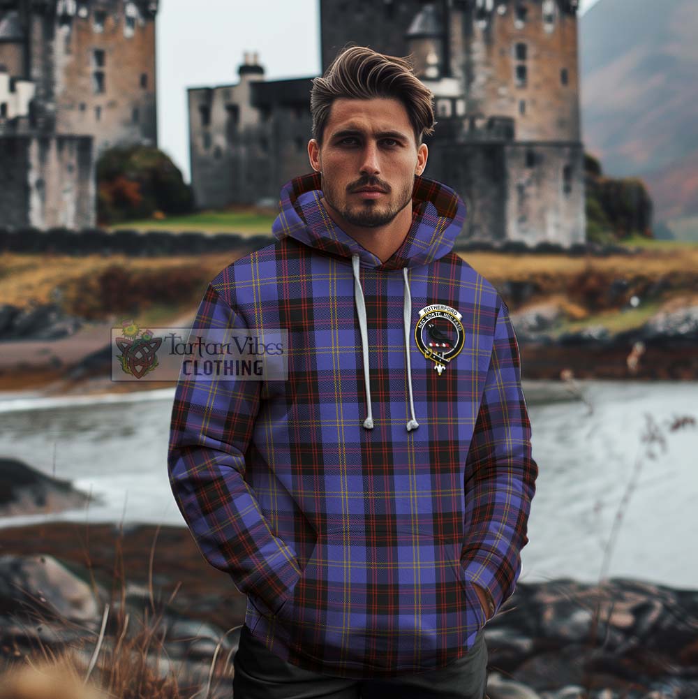 Tartan Vibes Clothing Rutherford Tartan Cotton Hoodie with Family Crest and Bearded Skull Holding Bottles of Whiskey