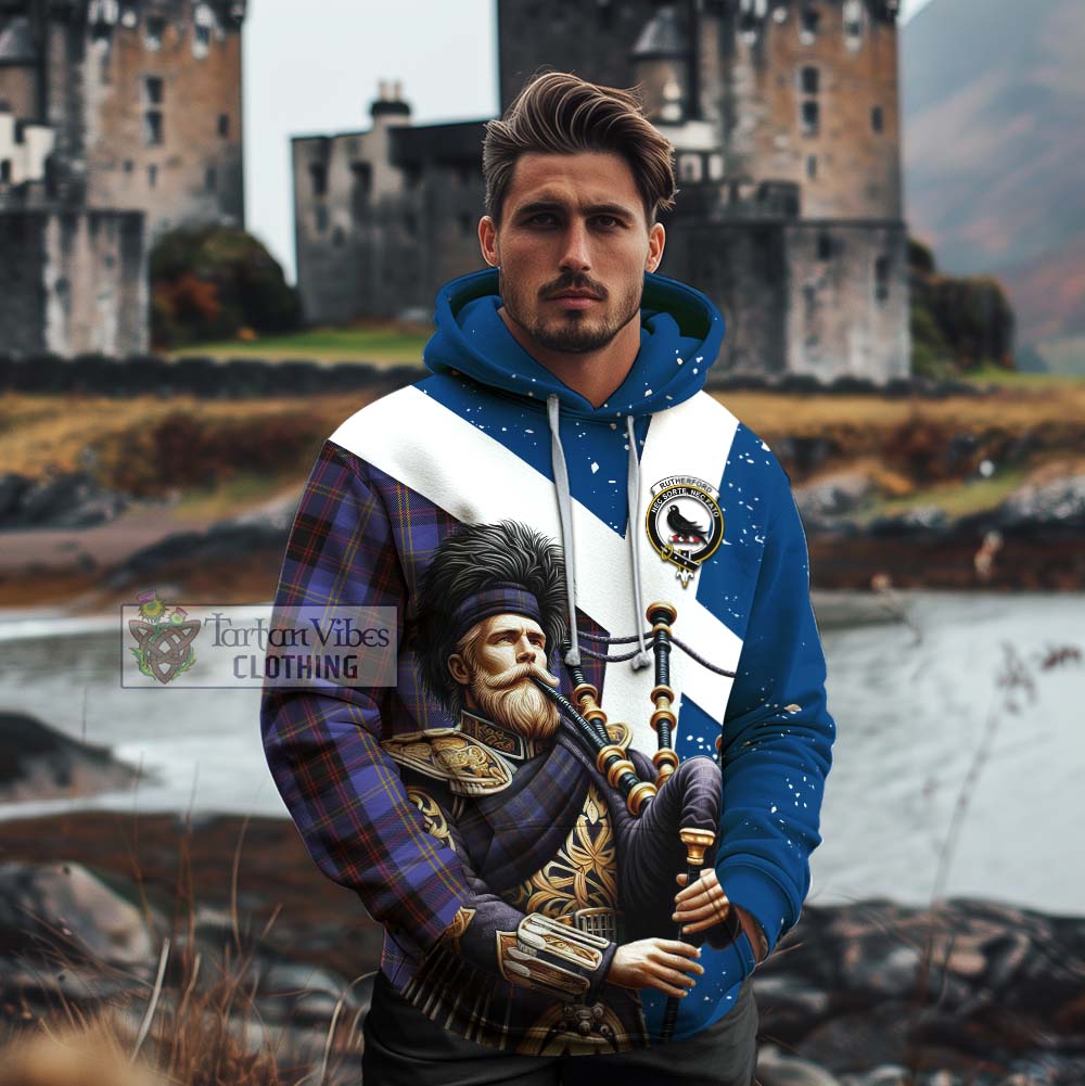 Tartan Vibes Clothing Rutherford Tartan Cotton Hoodie with Family Crest Scottish Bagpiper Vibes