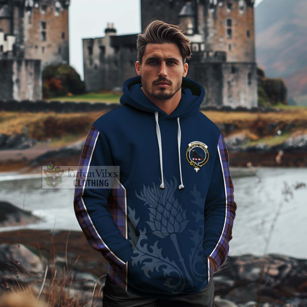 Tartan Vibes Clothing Rutherford Tartan Cotton Hoodie with Family Crest and Scottish Thistle Vibes Sport Style