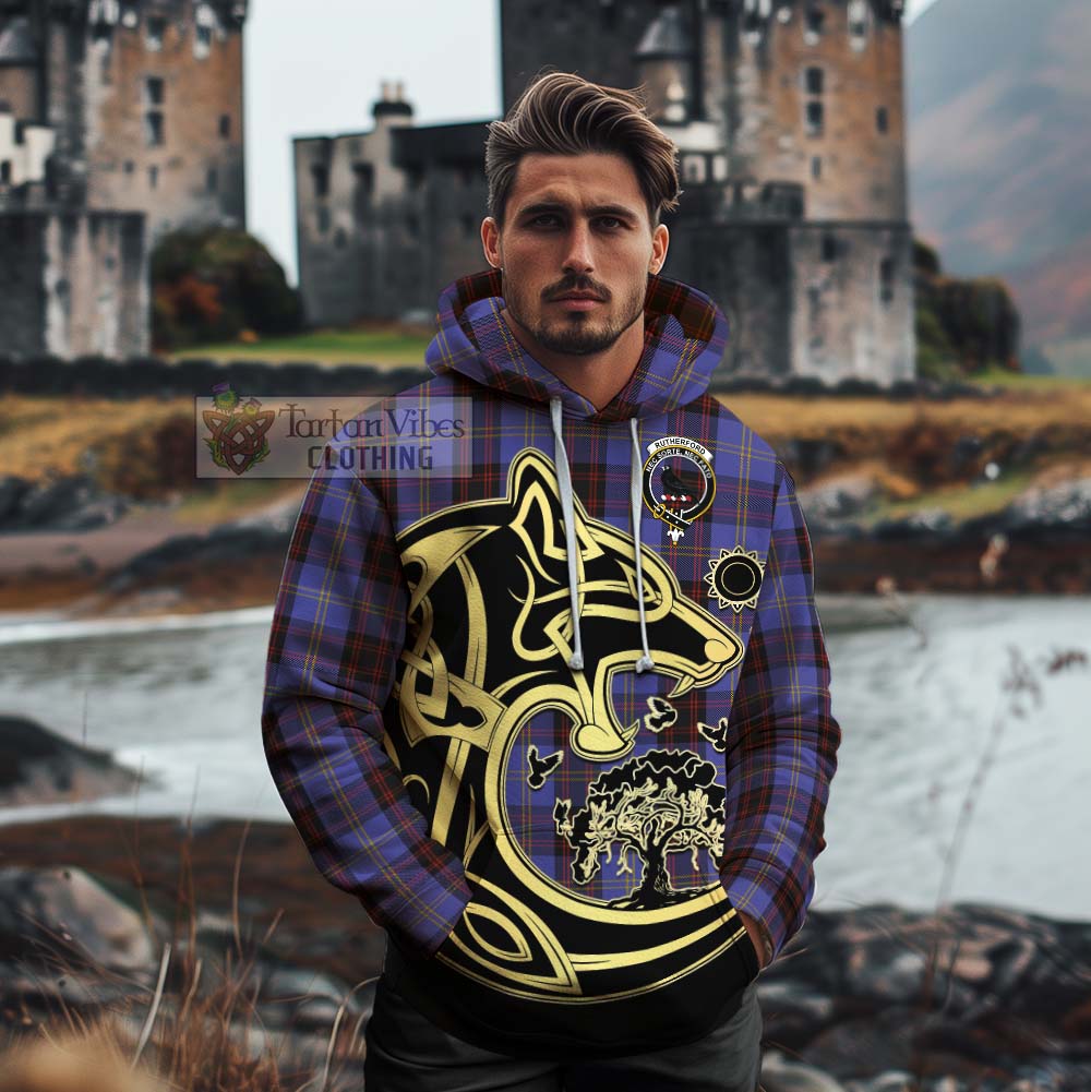 Tartan Vibes Clothing Rutherford Tartan Cotton Hoodie with Family Crest Celtic Wolf Style