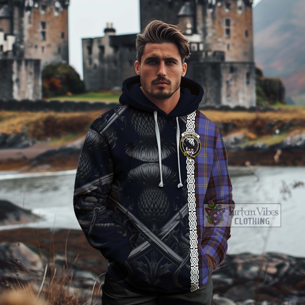 Tartan Vibes Clothing Rutherford Tartan Cotton Hoodie with Family Crest Cross Sword Thistle Celtic Vibes