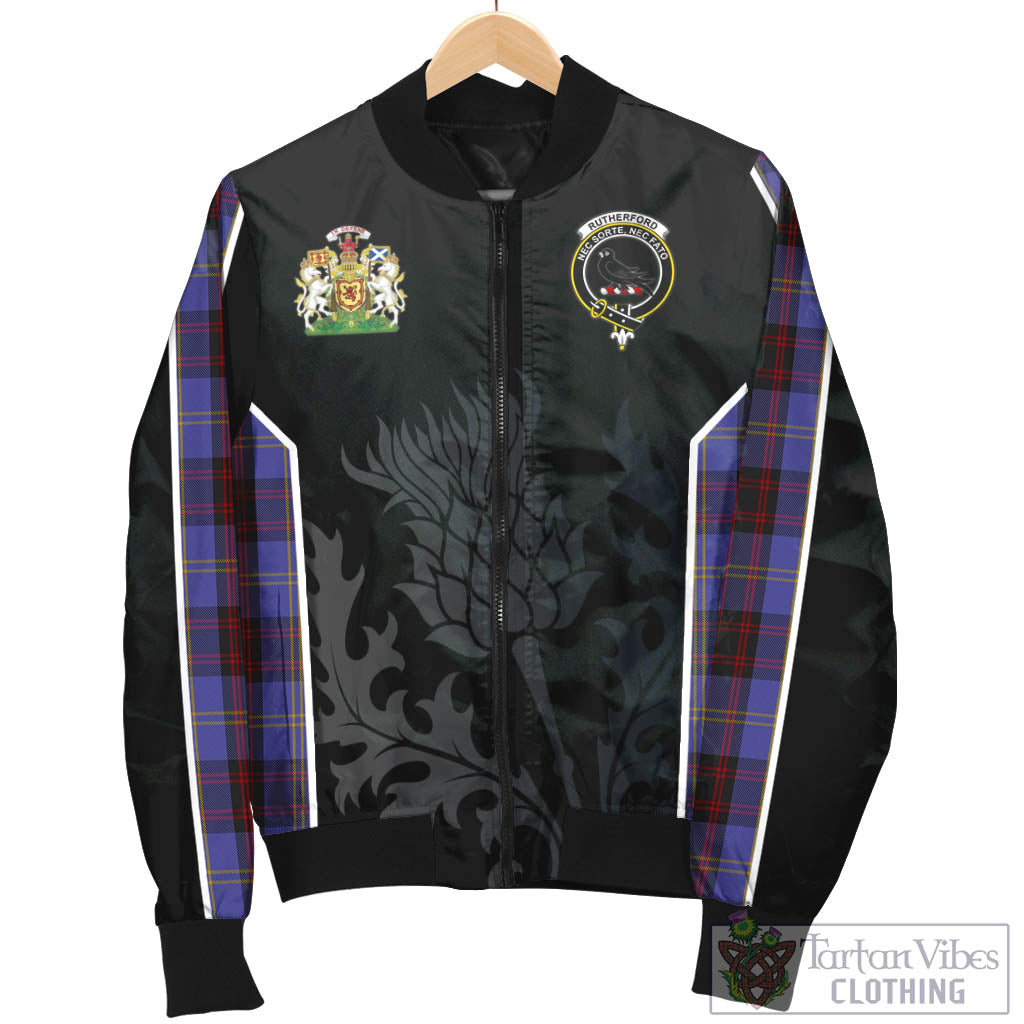 Tartan Vibes Clothing Rutherford Tartan Bomber Jacket with Family Crest and Scottish Thistle Vibes Sport Style