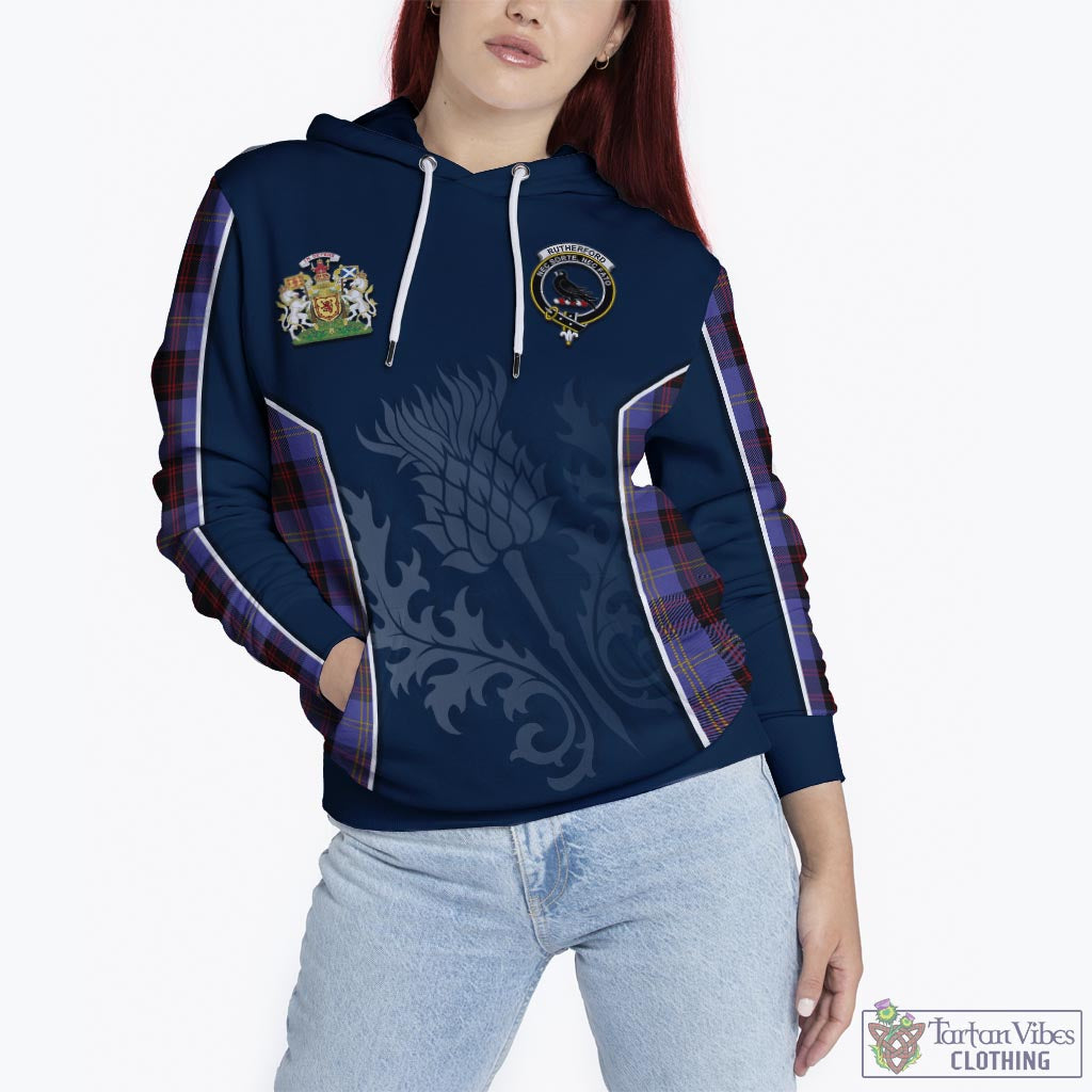 Tartan Vibes Clothing Rutherford Tartan Hoodie with Family Crest and Scottish Thistle Vibes Sport Style