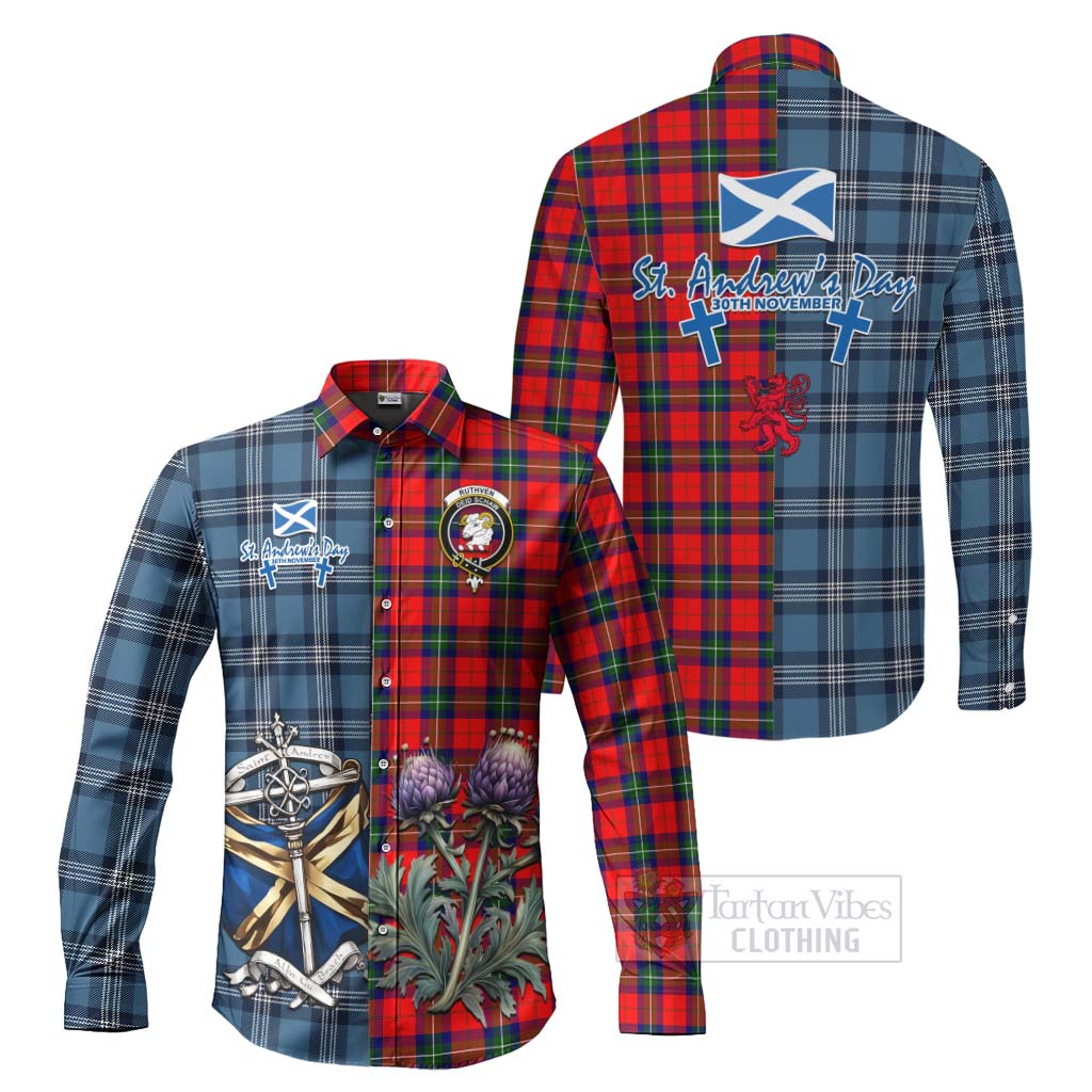 Ruthven Tartan Long Sleeve Button Shirt Happy St. Andrew's Day Half Tartan Style Men's Shirt S - Tartan Vibes Clothing