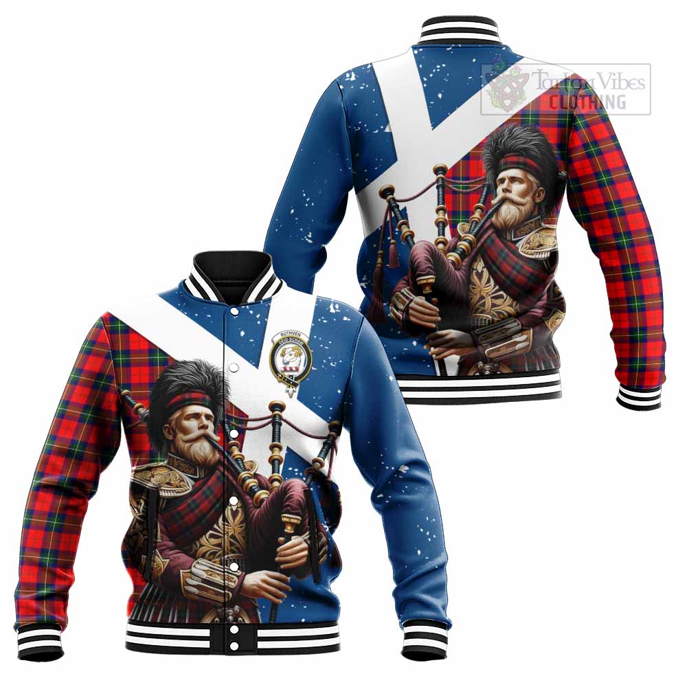 Ruthven Tartan Baseball Jacket with Family Crest Scottish Bagpiper Vibes Unisex - Tartan Vibes Clothing