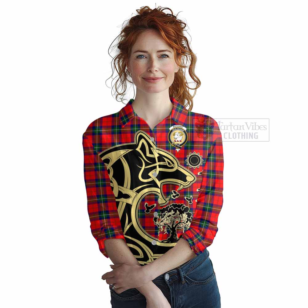 Tartan Vibes Clothing Ruthven Tartan Women's Casual Shirt with Family Crest Celtic Wolf Style