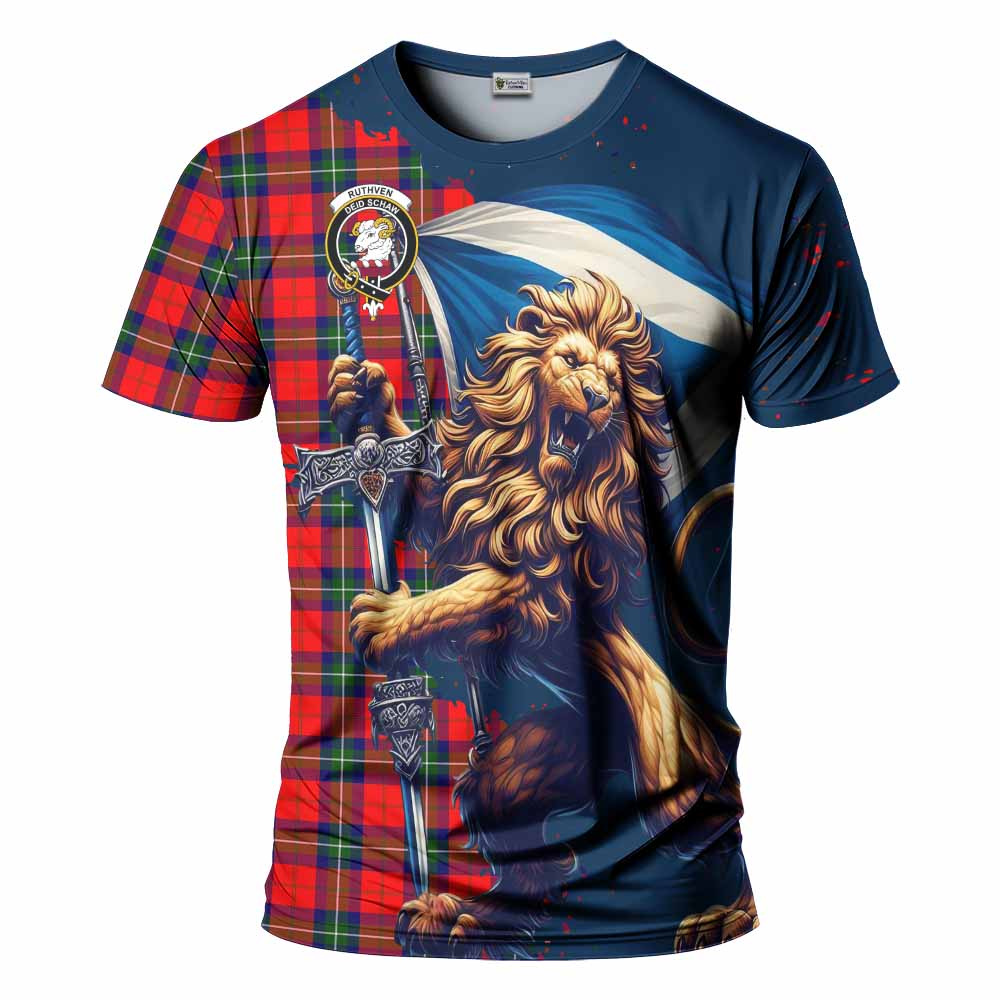 Tartan Vibes Clothing Ruthven Tartan Family Crest T-Shirt with Scottish Majestic Lion