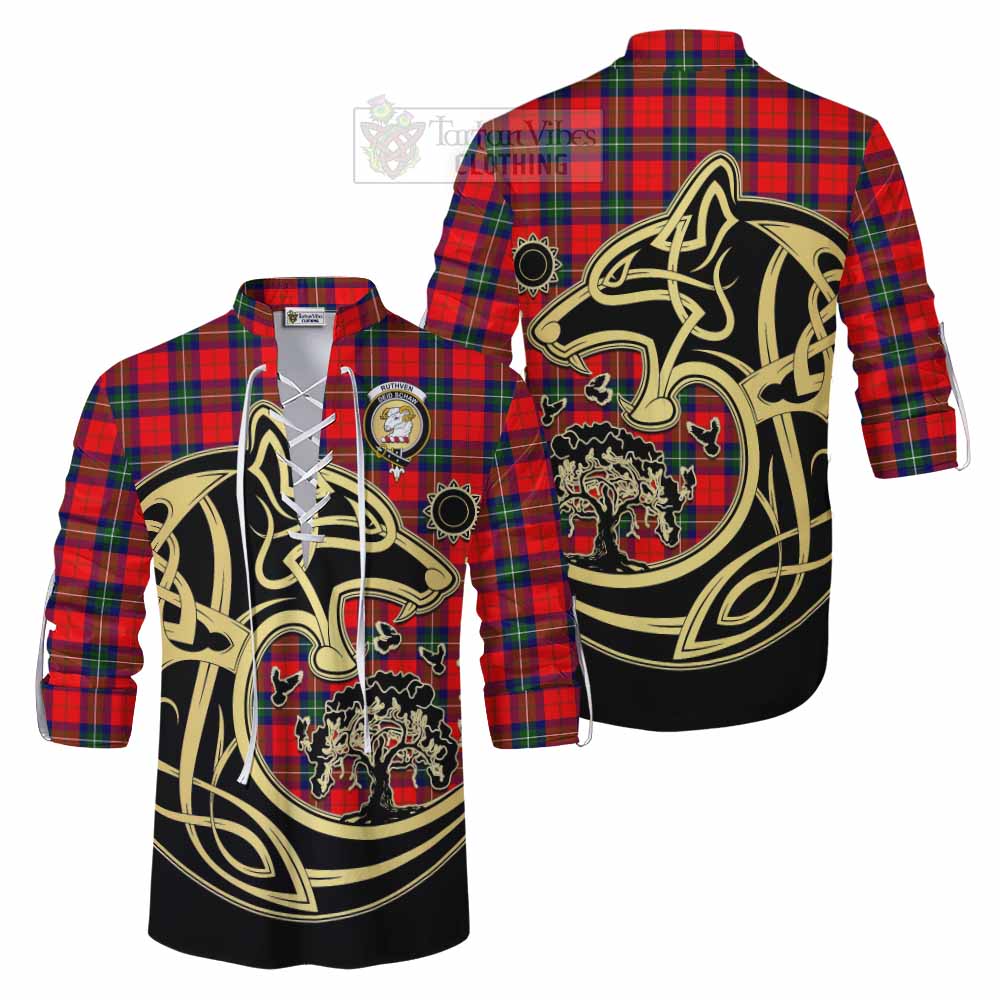 Tartan Vibes Clothing Ruthven Tartan Ghillie Kilt Shirt with Family Crest Celtic Wolf Style