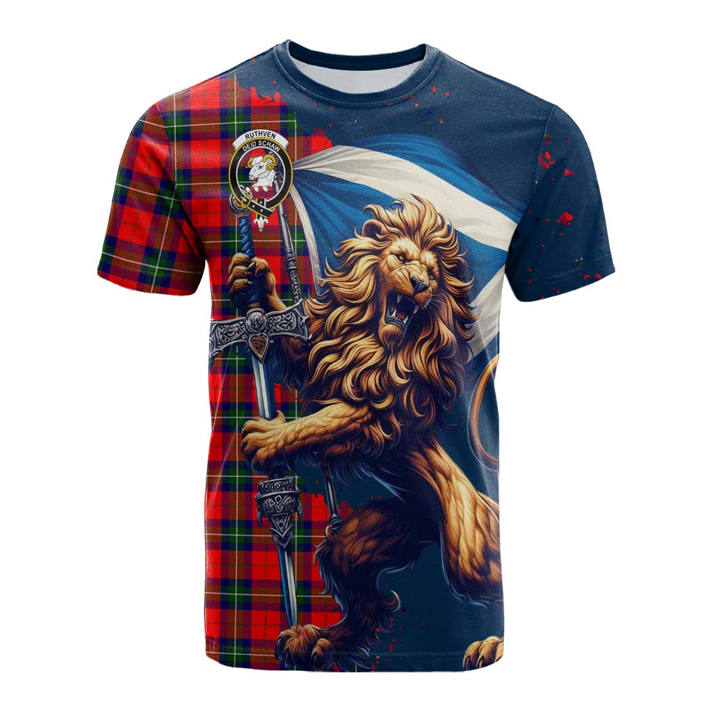 Tartan Vibes Clothing Ruthven Tartan Family Crest Cotton T-shirt with Scottish Majestic Lion