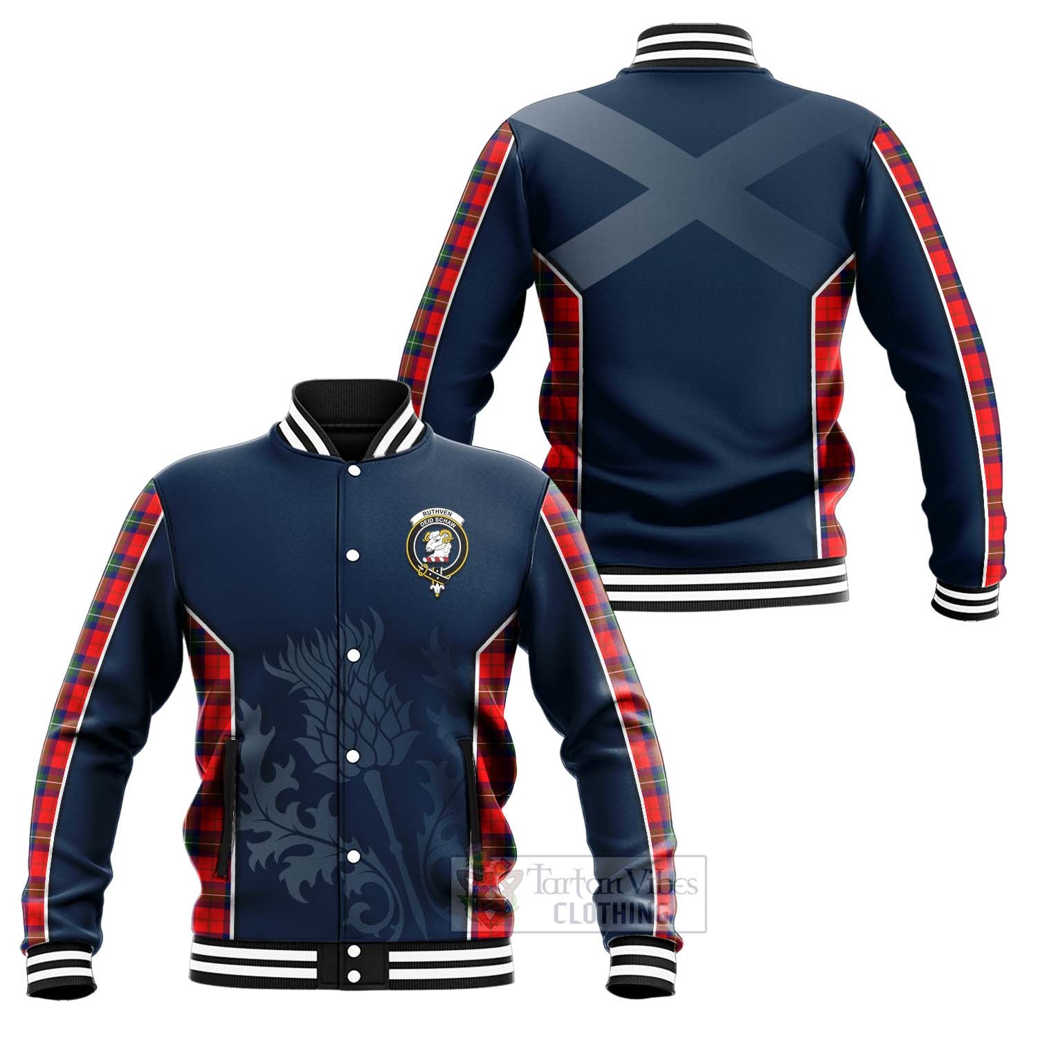 Tartan Vibes Clothing Ruthven Tartan Baseball Jacket with Family Crest and Scottish Thistle Vibes Sport Style