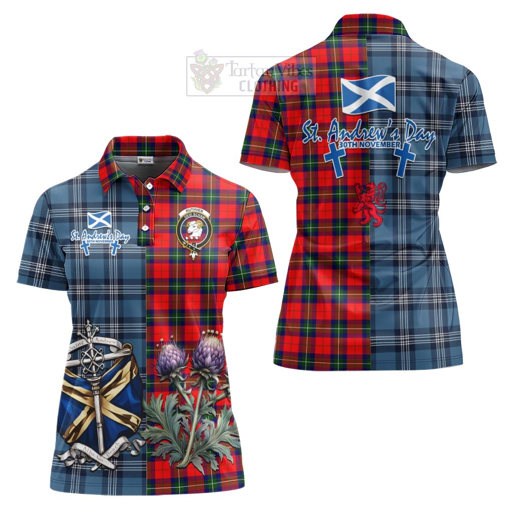 Tartan Vibes Clothing Ruthven Tartan Women's Polo Shirt Happy St. Andrew's Day Half Tartan Style