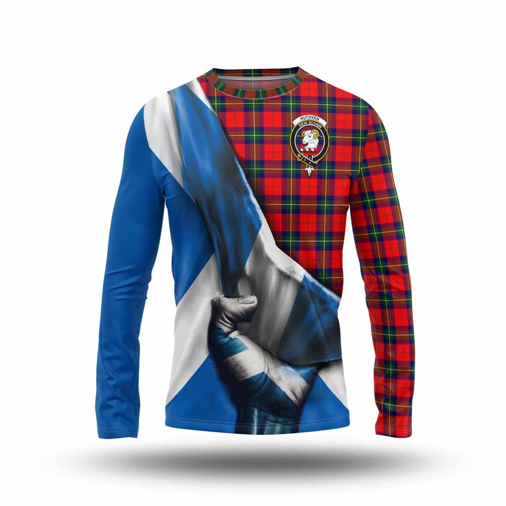 Tartan Vibes Clothing Ruthven Tartan Long Sleeve T-Shirt with Family Crest Scotland Patriotic Style