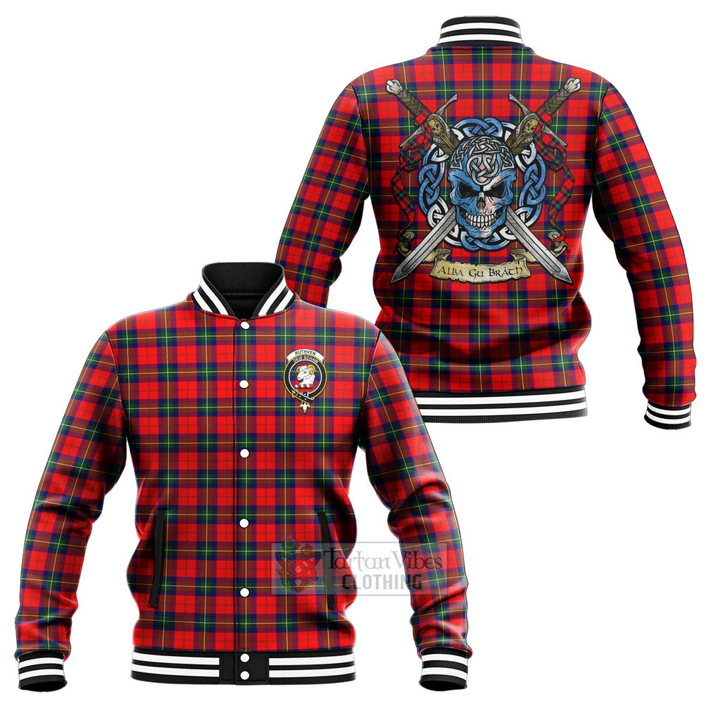 Ruthven Tartan Baseball Jacket with Family Crest Celtic Skull Style Unisex - Tartan Vibes Clothing