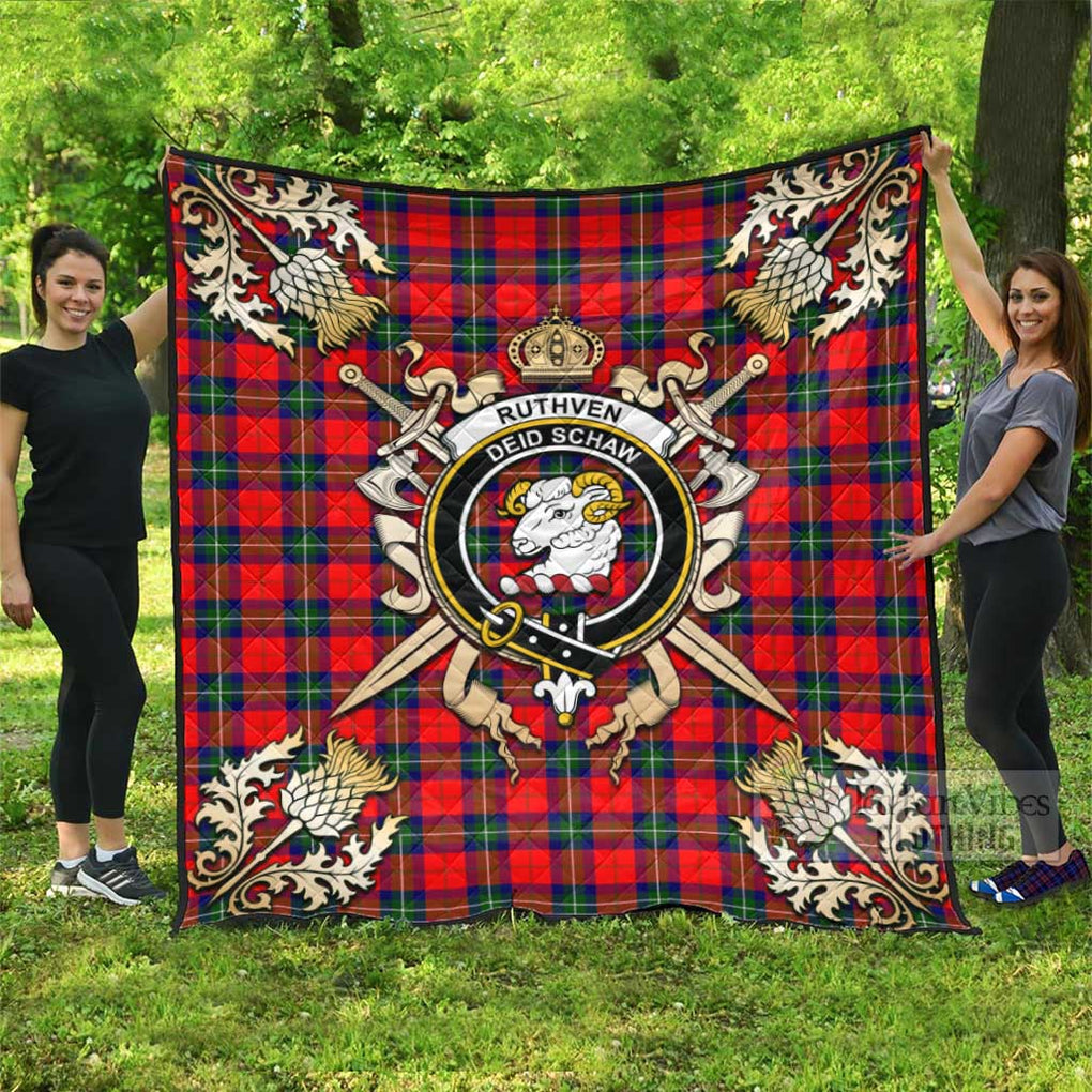 Tartan Vibes Clothing Ruthven Tartan Quilt with Family Crest and Scottish Golden Courage Shield