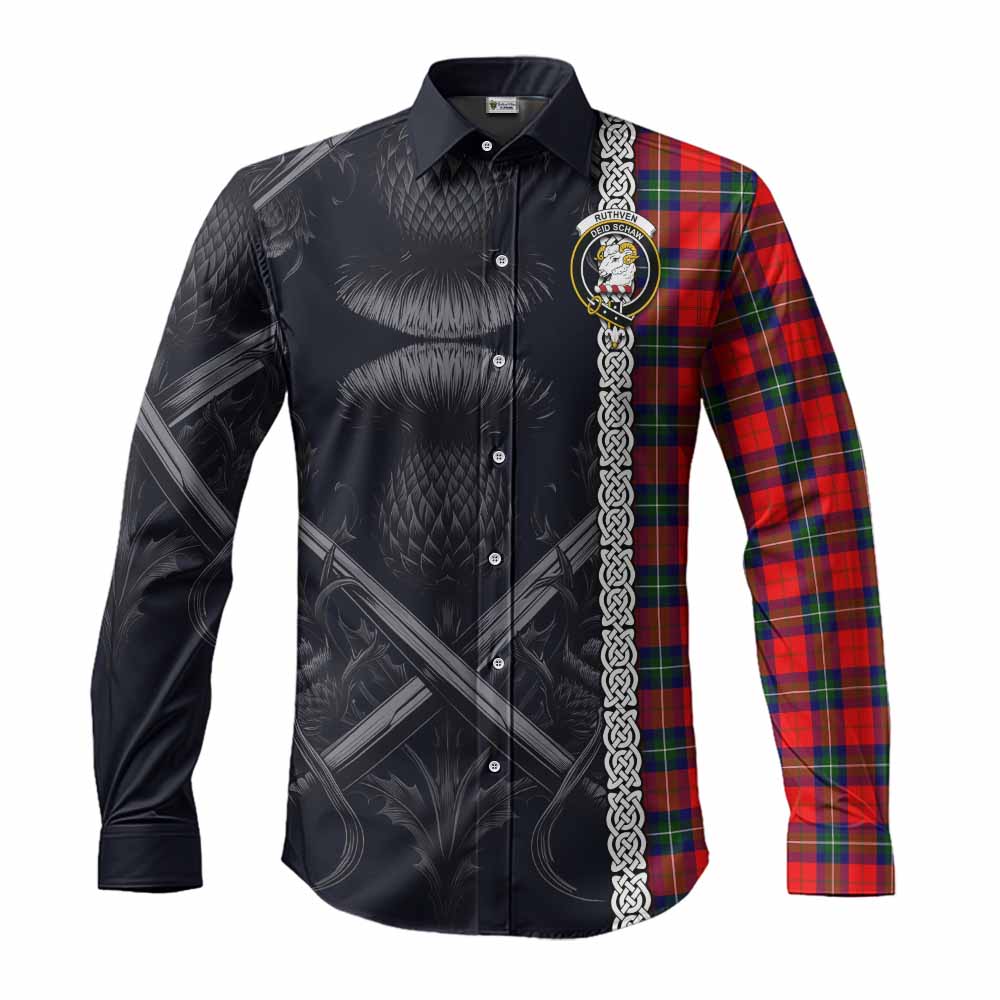 Ruthven Tartan Long Sleeve Button Shirt with Family Crest Cross Sword Thistle Celtic Vibes Men's Shirt S - Tartan Vibes Clothing