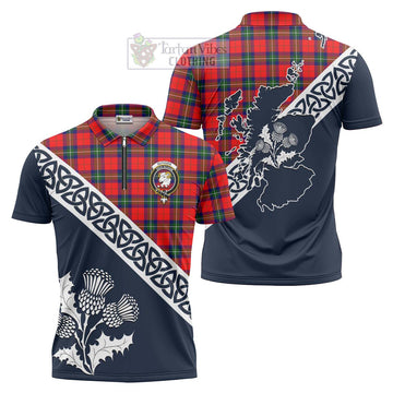 Ruthven Tartan Zipper Polo Shirt Featuring Thistle and Scotland Map Unisex - Tartanvibesclothing Store