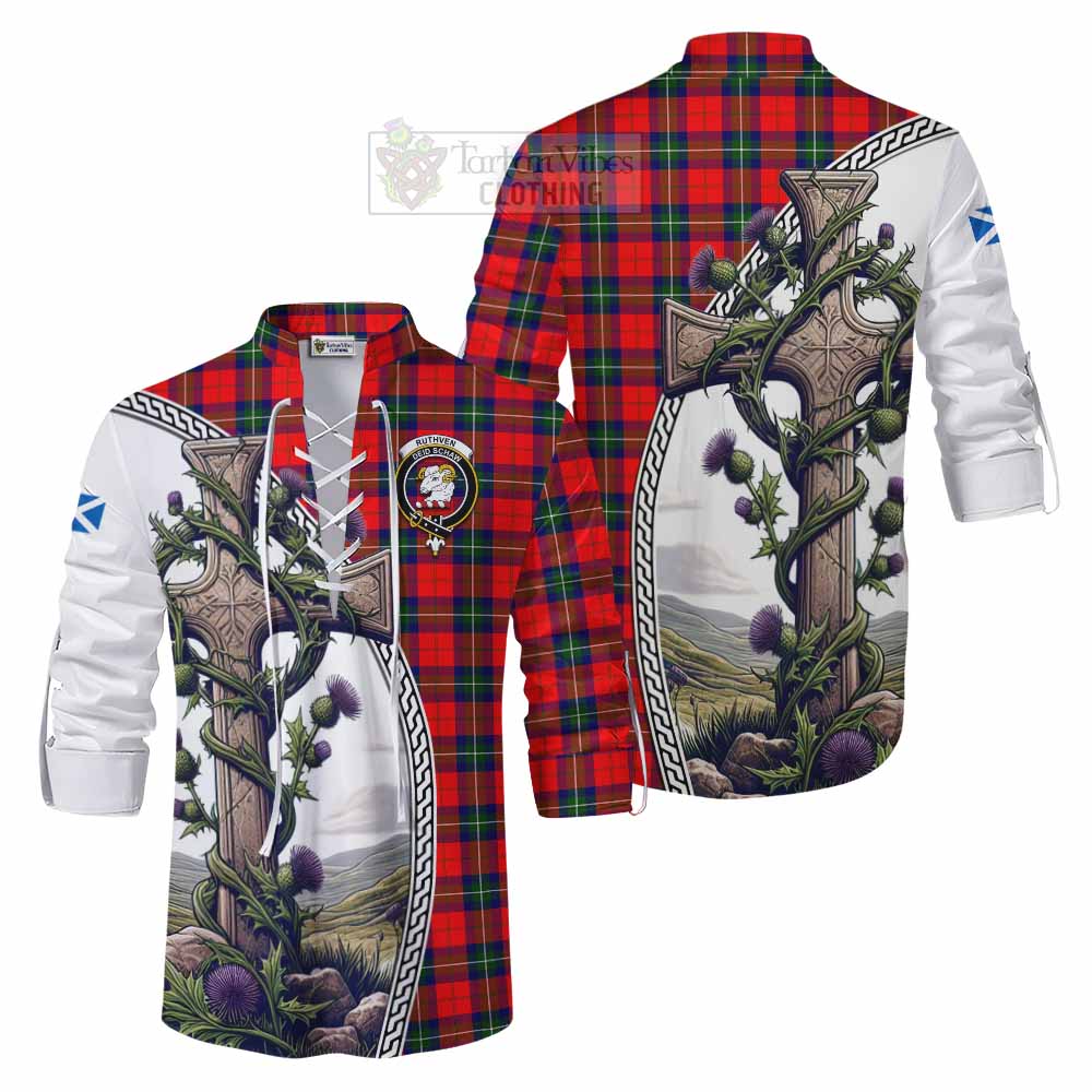 Tartan Vibes Clothing Ruthven Tartan Ghillie Kilt Shirt with Family Crest and St. Andrew's Cross Accented by Thistle Vines