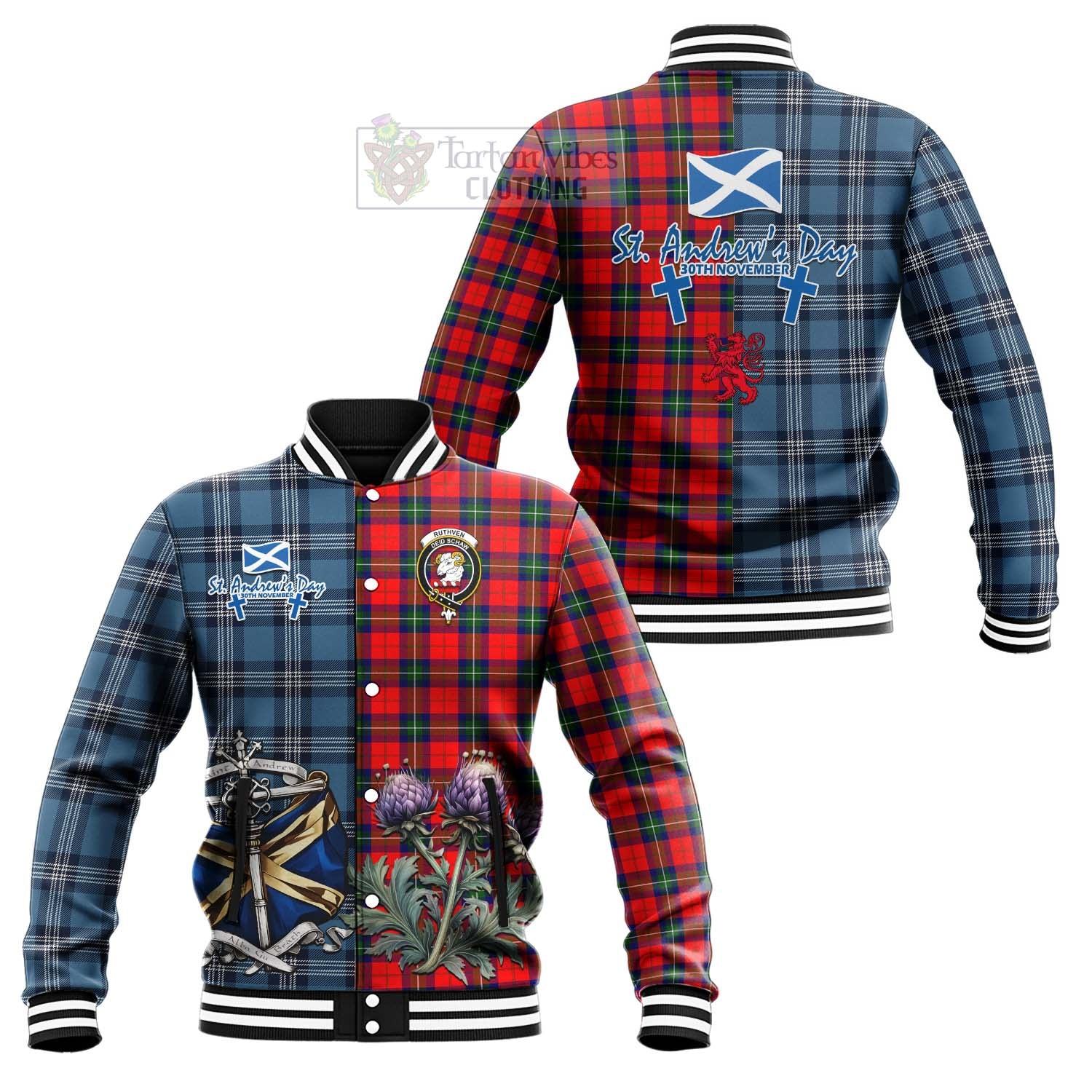 Tartan Vibes Clothing Ruthven Tartan Baseball Jacket Happy St. Andrew's Day Half Tartan Style