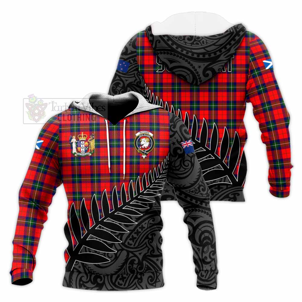 Tartan Vibes Clothing Ruthven Crest Tartan Knitted Hoodie with New Zealand Silver Fern Half Style