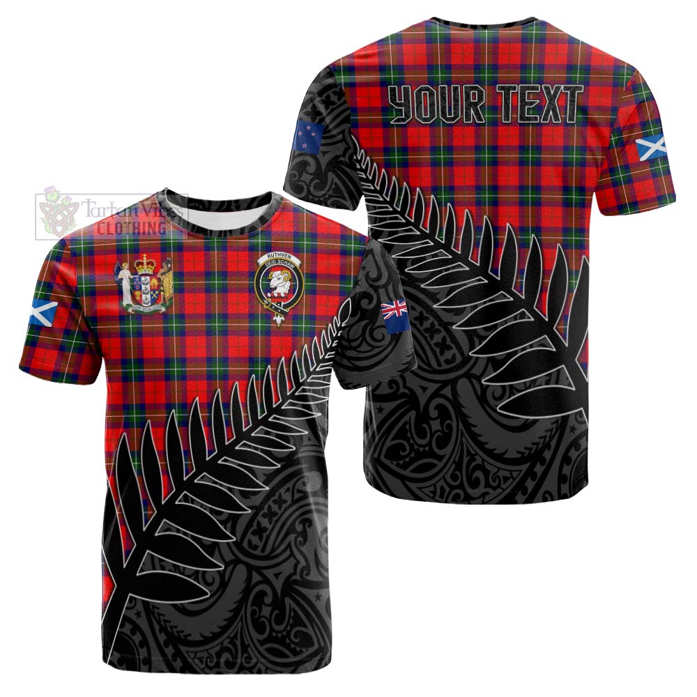 Tartan Vibes Clothing Ruthven Crest Tartan Cotton T-shirt with New Zealand Silver Fern Half Style