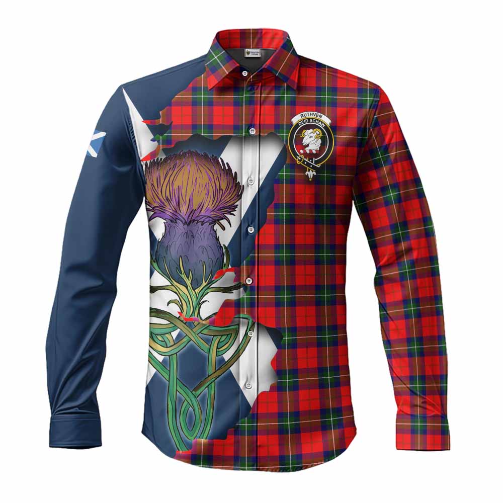 Ruthven Tartan Family Crest Long Sleeve Button Shirt Scottish Thistle Celtic Inspired Men's Shirt S - Tartan Vibes Clothing