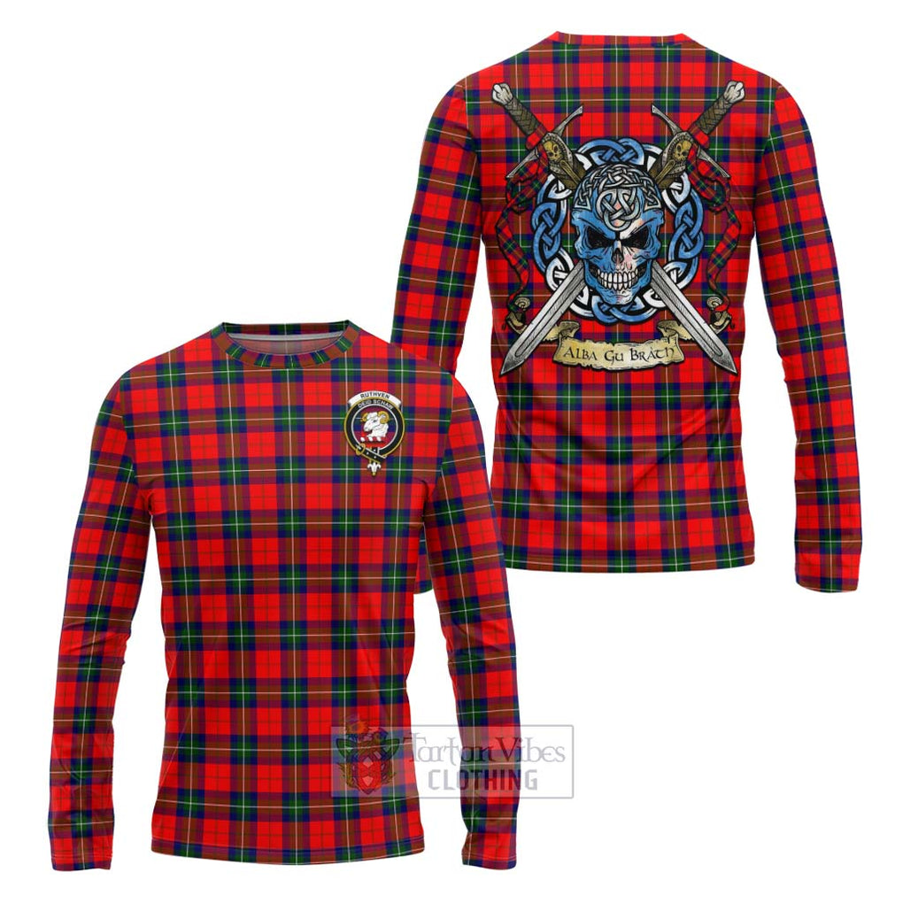 Tartan Vibes Clothing Ruthven Tartan Long Sleeve T-Shirt with Family Crest Celtic Skull Style