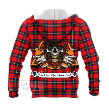 Ruthven Tartan Knitted Hoodie with Family Crest and Bearded Skull Holding Bottles of Whiskey