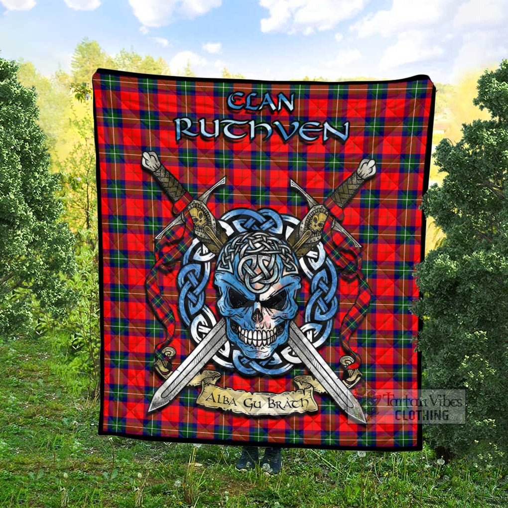 Tartan Vibes Clothing Ruthven Tartan Quilt with Celtic Skull Alba Gu Brath Style