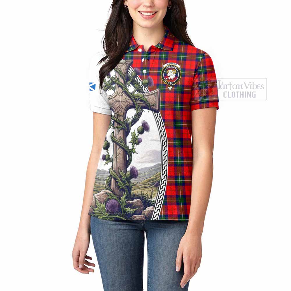 Tartan Vibes Clothing Ruthven Tartan Women's Polo Shirt with Family Crest and St. Andrew's Cross Accented by Thistle Vines