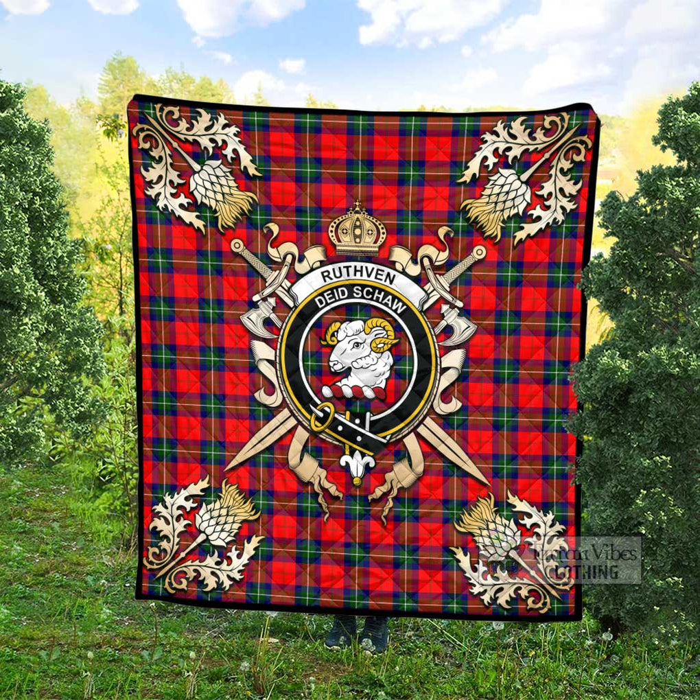 Tartan Vibes Clothing Ruthven Tartan Quilt with Family Crest and Scottish Golden Courage Shield