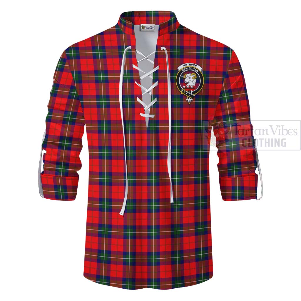 Tartan Vibes Clothing Ruthven Tartan Ghillie Kilt Shirt with Family Crest and Bearded Skull Holding Bottles of Whiskey