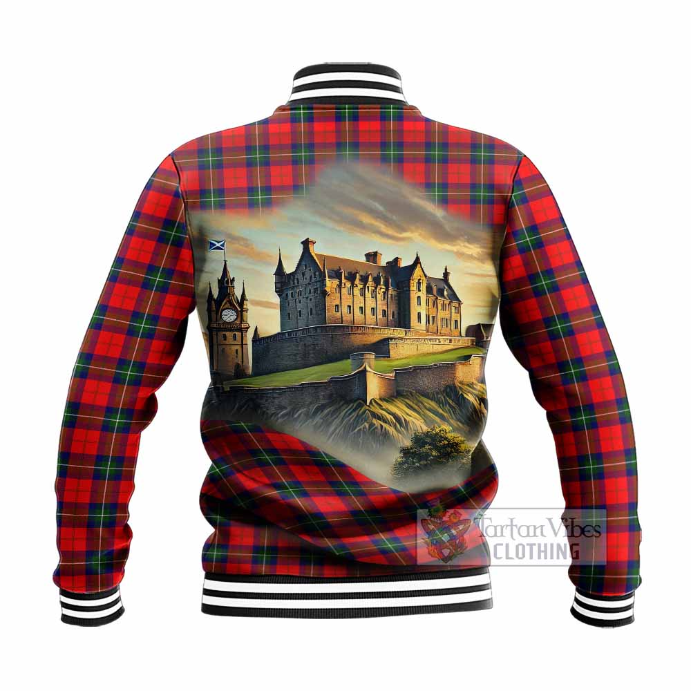 Ruthven Tartan Family Crest Baseball Jacket with Scottish Ancient Castle Style - Tartan Vibes Clothing