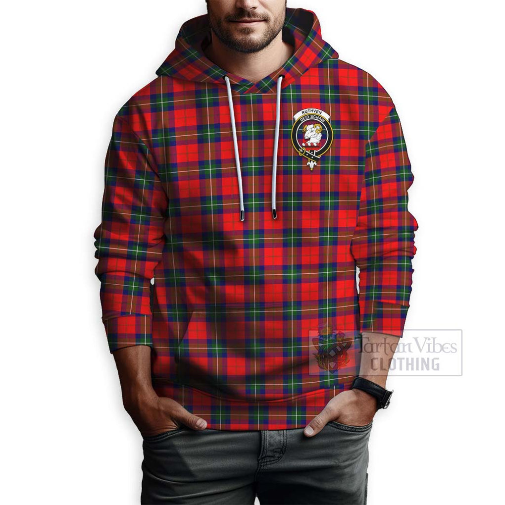 Tartan Vibes Clothing Ruthven Tartan Hoodie with Family Crest and Bearded Skull Holding Bottles of Whiskey