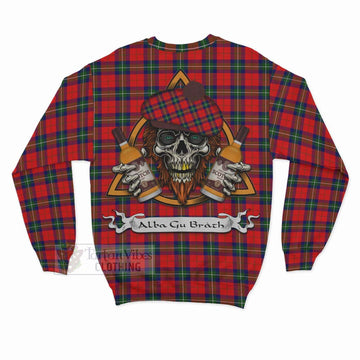 Ruthven Tartan Sweatshirt with Family Crest and Bearded Skull Holding Bottles of Whiskey