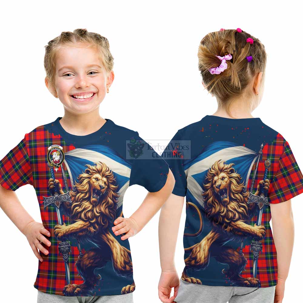 Tartan Vibes Clothing Ruthven Tartan Family Crest Kid T-Shirt with Scottish Majestic Lion