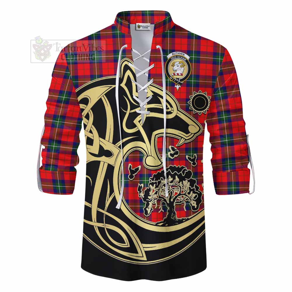 Tartan Vibes Clothing Ruthven Tartan Ghillie Kilt Shirt with Family Crest Celtic Wolf Style