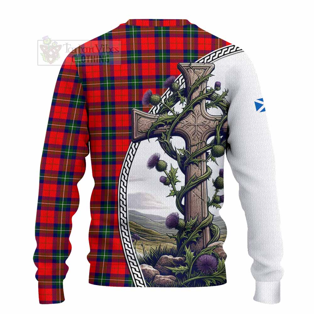 Tartan Vibes Clothing Ruthven Tartan Knitted Sweater with Family Crest and St. Andrew's Cross Accented by Thistle Vines