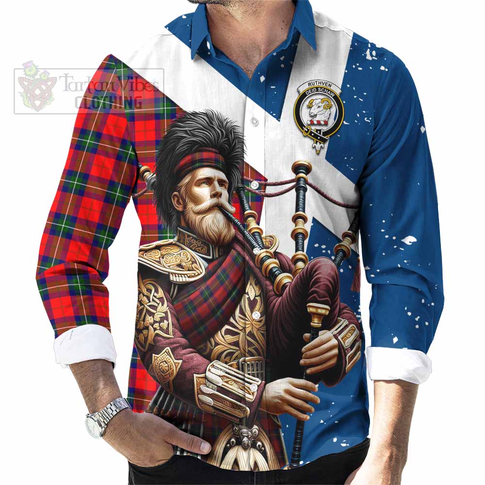 Tartan Vibes Clothing Ruthven Tartan Long Sleeve Button Shirt with Family Crest Scottish Bagpiper Vibes