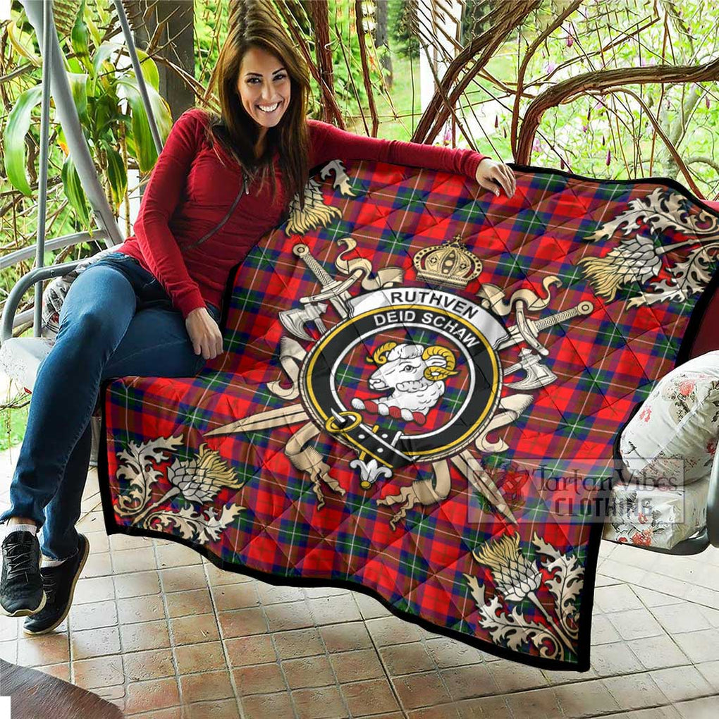 Tartan Vibes Clothing Ruthven Tartan Quilt with Family Crest and Scottish Golden Courage Shield